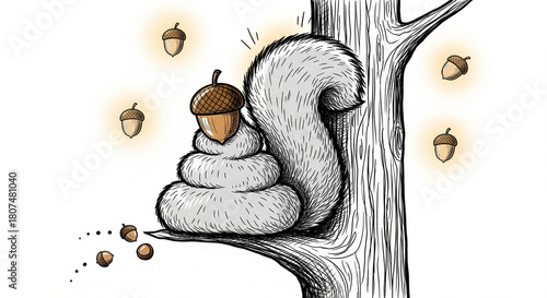 A stylized cartoon illustration of a white squirrel with an acorn hat, perched on a tree branch, with its lower body humorously replaced by a swirling pile of white scat. Falling acorns are scattered 