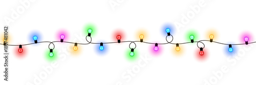 Realistic warm glowing string lights or christmas fairy light overlay with blue green red yellow colorful illumination for wedding festive event celebration and decoration on transparent background
