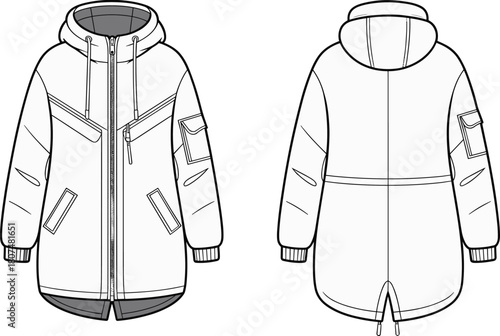 Winter jacket, hooded coat, fashion sketch, technical drawing, zip-up front, garment design, outerwear illustration, stylish, functional, cold weather wear