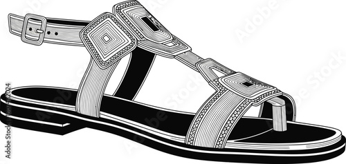 Stylish patterned sandal isolated on white background, featuring intricate designs, comfortable straps, and a durable sole, perfect for warm weather and casual outings