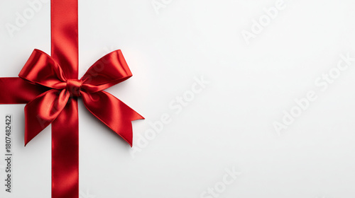 Clean white background with a single red Christmas ribbon and bow arranged on the side, minimal elegant holiday design, lots of negative space.