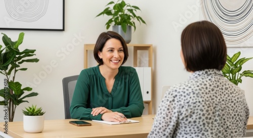 Smiling female manager in a green shirt conducting a job interview with a candidate in a modern office with potted plants.
