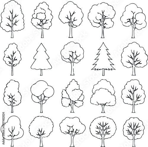 Create A Minimal style cad tree line drawing, Side view, set of graphics trees elements outline symbol for landscape design drawing. Vector illustration in stroke fill in white.