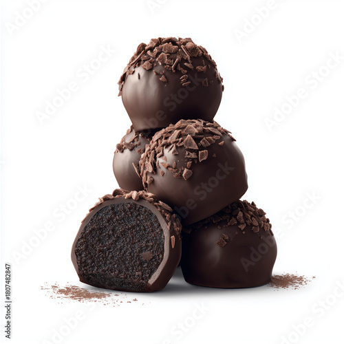 Decadent dark chocolate truffles expertly stacked, with one cut to reveal a rich core and sprinkles topping