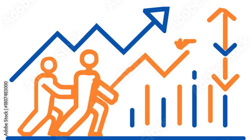 Abstract figures push a chart showing upward trends, bar graphs, and arrows