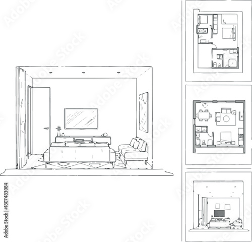 Create Architectural Drawings, elevation vector interior, living room illustration, side view, sofa, rug, tv, Minimal style hand drawn. Sections, Elevations, Floor Plans