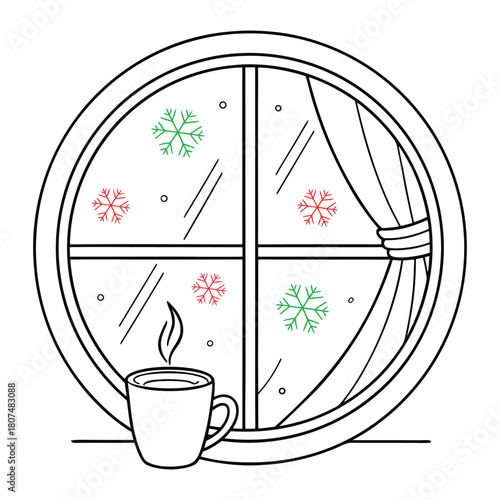 Steaming cup of coffee by round window with red and green snowflakes coffee cup hot drink
