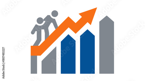 Two stylized people climb an upward, orange arrow crossing over blue & gray charts