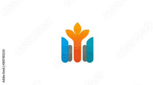 Colorful abstract logo with an orange sprouting plant and blue/grey flanking elements