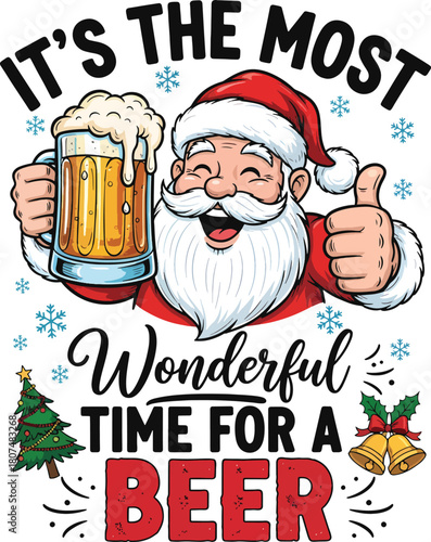 Funny Santa Drinking Beer Illustration with Thumbs Up – Christmas Holiday Humor Design