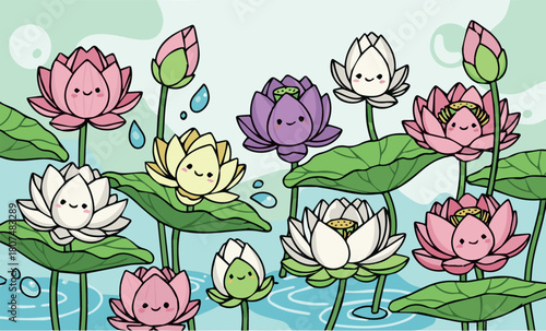 Create kinds of lotus illustration vector for cute design element banner on white.
