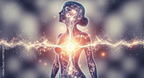 Fototapeta Naklejka Na Ścianę i Meble -  Abstract concept of human energy, showing a female silhouette with a glowing plexus network and a bright heart center.