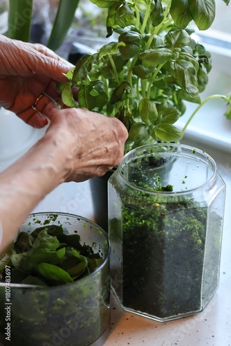 The process of preparing pasta with pesto from spinach, basil, green peas and green parsley: mixing the leaves