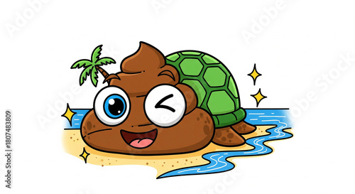 A cheerful and whimsical cartoon illustration of a creature with a green turtle shell and a body shaped like a smiling, winking pile of feces (poop emoji style).