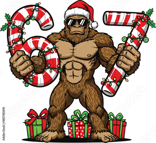 Christmas Bigfoot Holding Candy Cane 67 Numbers with Santa Hat, Presents and Holiday Lights Illustration
