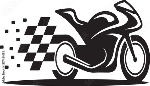 Racing motorcycle silhouette with speed lines and pixelated checkered flag elements in bold dynamic black graphic style representing motorsport and fast motion