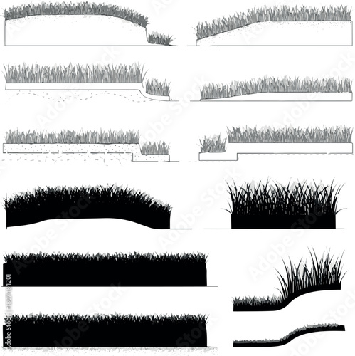 Create set of grass line cad and silhouettes isolated on white background. Ground cover. Illustration for elevation architectural element, side view, grass section. Turf coating banners for edging