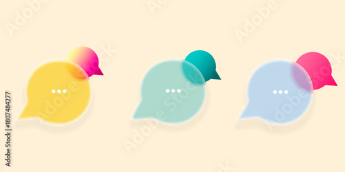 Minimalist composition of three chat bubbles in soft yellow, mint, and blue tones with bright accents, symbolizing communication, messaging, and modern visual interaction
