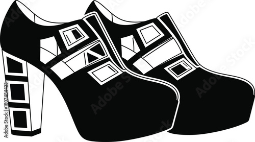 Elegant black and white high heel shoes isolated on white background, featuring a unique geometric design with cutouts and a chunky heel, perfect for fashionforward individuals seeking a stylish state