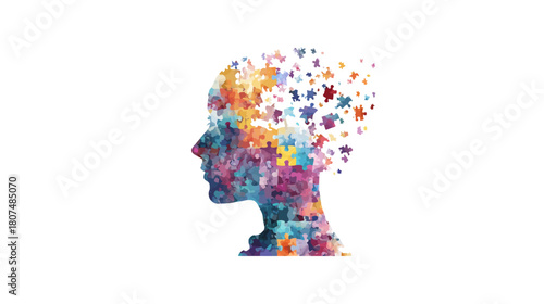 Profile of a person made from puzzle pieces on a white background