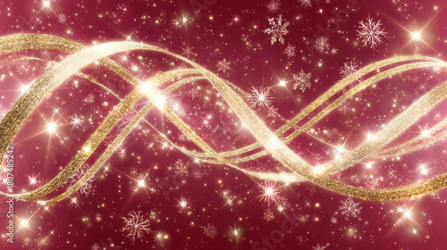 Sparkling gold ribbon red backdrop snowflake glitter swirl festive lights holiday decoration celebratory background glitter trail seasonal ornament