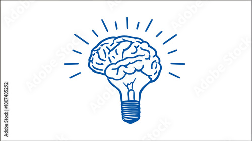 Drawn blue brain inside a light bulb, surrounded by short radiating lines on white