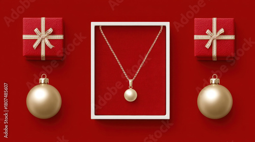 Golden pearl pendant necklace on red velvet background with festive gift box and gold bauble, elegant holiday jewelry display with luxurious Christmas atmosphere