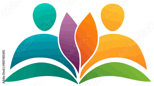 Abstract, vibrant logo featuring human figures and floral motifs in blended, watercolor style