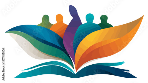 Abstract colorful open book with figures emerging, on white