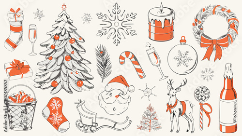 Illustration showing christmas tree, santa claus, stocking, gift and other christmas elements