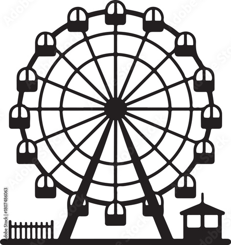 Ferris wheel amusement ride silhouette illustration with cabins, support structure, fence, and ticket booth in bold minimal black graphic style