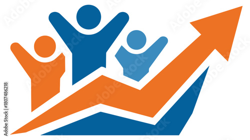 A stylized graphic depicting three figures celebrating with an upward arrow