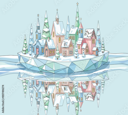 A picturesque winter village on an icy island, reflected in the water, isolated on white background, evoking a sense of peace and holiday cheer