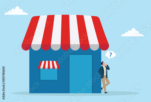 Vector illustration of a businessman standing thoughtfully outside a large storefront, symbolizing decision-making, business planning, small shop management, and entrepreneurial strategy

