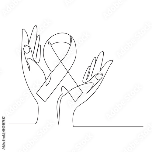 Continuous one line drawing of breast cancer awareness ribbon. One line drawing illustration of breast cancer. 