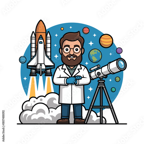 Astronomer Scientist with Telescope and Space Shuttle Launch Illustration