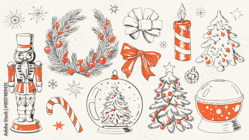Illustration of christmas elements including nutcracker, wreath, bows, and christmas trees sketch art