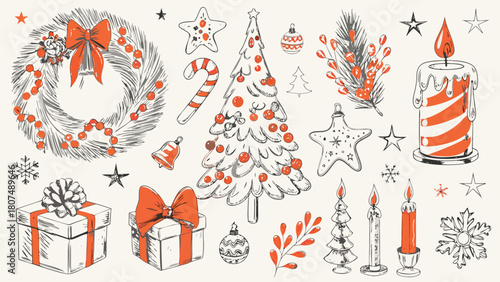 Illustration of christmas wreath tree gifts candles and ornaments on a light background design style