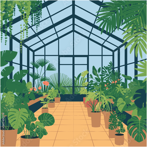 “Greenhouse Interior with Tropical Houseplants Illustration”