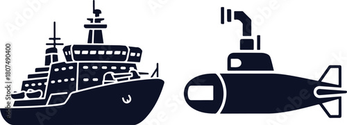 Silhouette of a Ship and a Submarine on a White Background boat vessel
