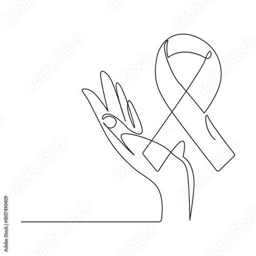 Continuous one line drawing of breast cancer awareness ribbon. One line drawing illustration of breast cancer. 