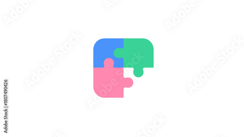 A puzzle consisting of four interlocking pieces in a rounded square shape, various colors