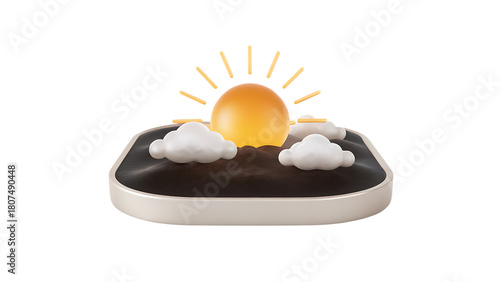 Whimsical cartoon sunrise with fluffy clouds and a glowing sun isolated on transparent background
