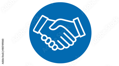 A handshake icon with white outlines in a blue circle on a white background