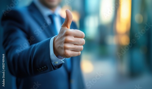 Businessman in suit showing thumbs up gesture closeup with blurred background concept of success and support