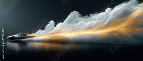 Fototapeta Naklejka Na Ścianę i Meble -  Speedboat moving at high-speed leaving trail of white smoke and golden light against dark gray background with black water