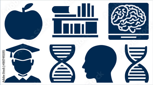 Education and science icons apple, books, graduate, brain scan, DNA, profile, navy on white