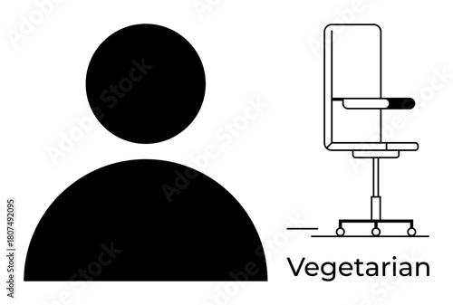 Black silhouette as human identity next to office chair and Vegetarian text. Ideal for lifestyle representation, workplace concept, healthy habits, modern choices, self-expression, identity