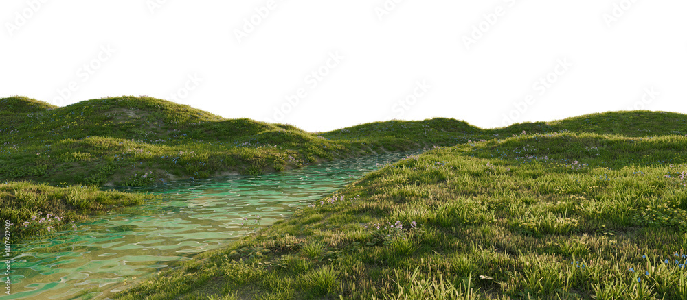 Fototapeta premium Serene river flowing through a lush green landscape. 3D render. 