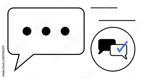 Large speech bubble with dots and a circle featuring smaller chat bubbles and verification tick. Ideal for messaging, communication, approval, technology, social media, interaction, simplicity. A